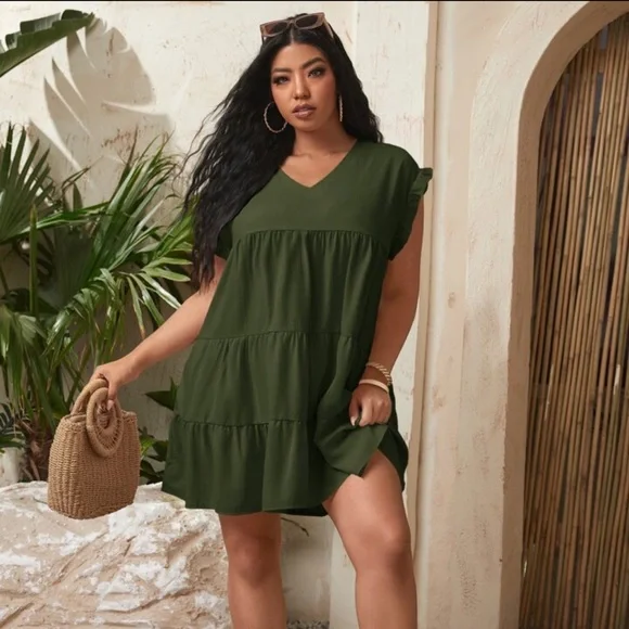 SHEIN Unity Curve Solid V-Neck Army Green Smock Dress 4XL - Picture 2 of 11